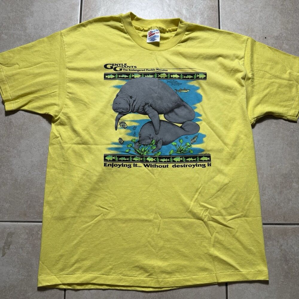 VTG 90s Manatee Mens XL Nature T-Shirt USA Made Short Sleeve Single Stitch Ocean